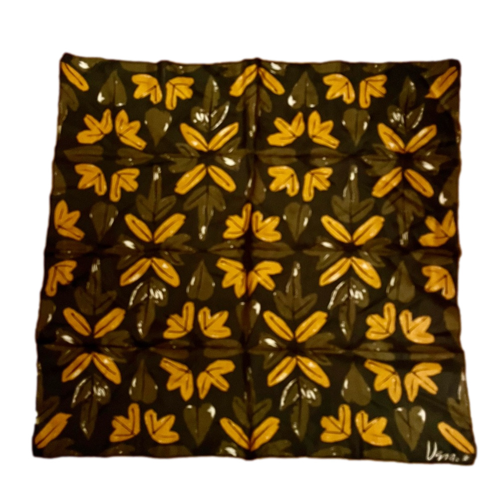 Vintage Scarf by Vera Neumann with black background & brown hues leaves pattern
